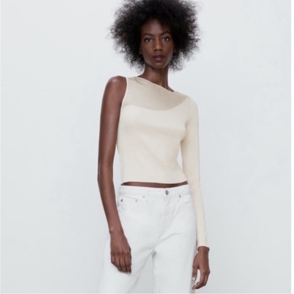 Zara Ivory Illusion Sheer Neck One Shoulder Asymmetric Knit Top size small - Picture 1 of 8